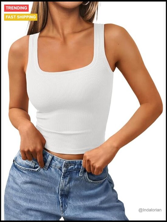 Tops - Ribbed Square Neck Crop Tank Top Sleeveless Summer Workout Top